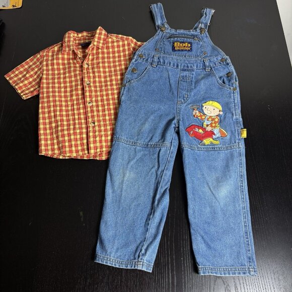 Vintage Y2K BOB THE BUILDER Boys Kids Size 4 Denim Overalls & Plaid Shirt Outfit - Picture 1 of 11